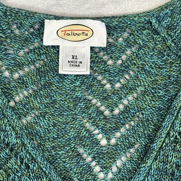 Talbots Knit Sweater XL Green Mixed Cable Space Dye Linen Cotton Blend Casual - Picture 3 of 7